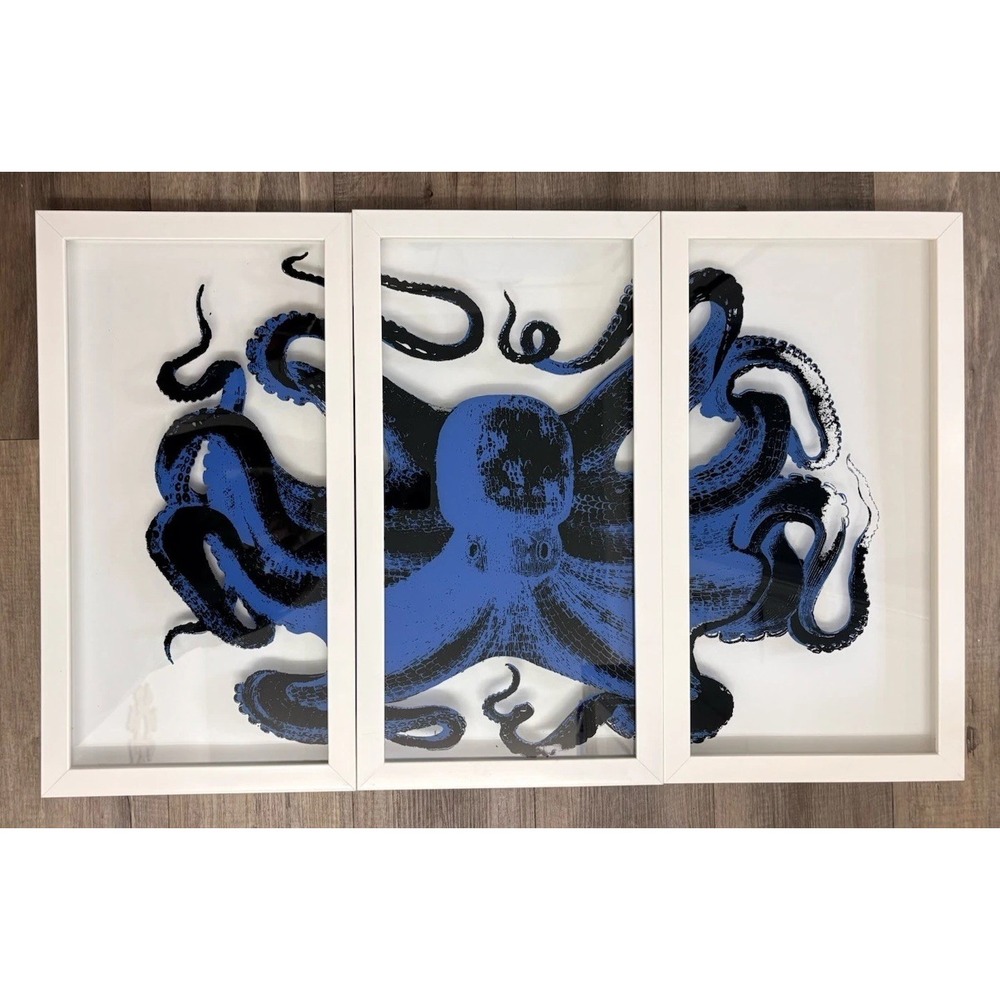 Blue Octopus Triptych Wall Art 3 Piece Set Framed Coastal Nautical Decor 21x11